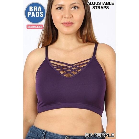 2X/3X Dark Purple Front V Lattice Bralette +bra padding adjustable straps Zenana - Picture 1 of 15